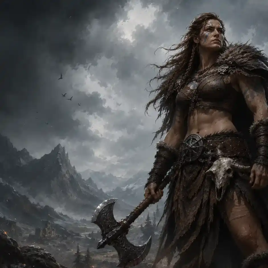 A female Barbarian standing as a powerful primal
			warrior prepared for battle.