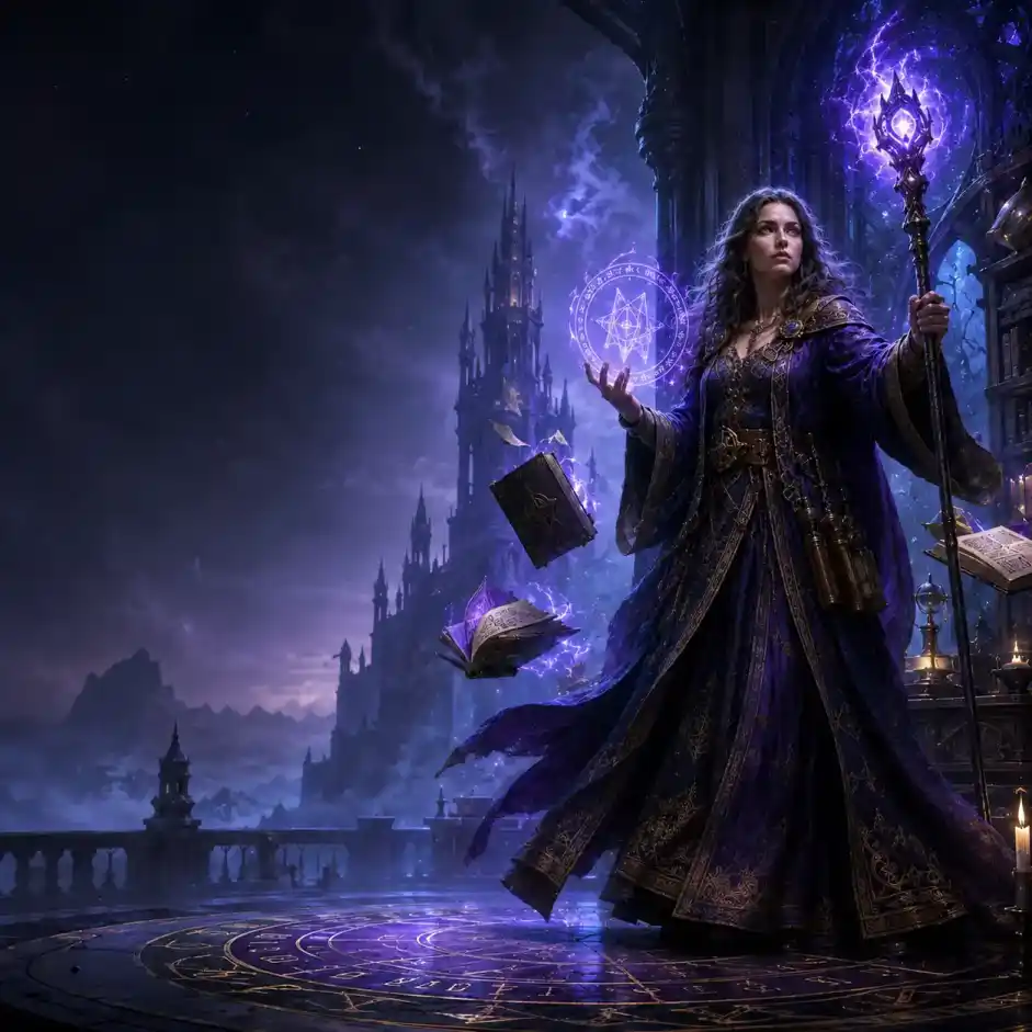 A female Abjuration Wizard class portrait.